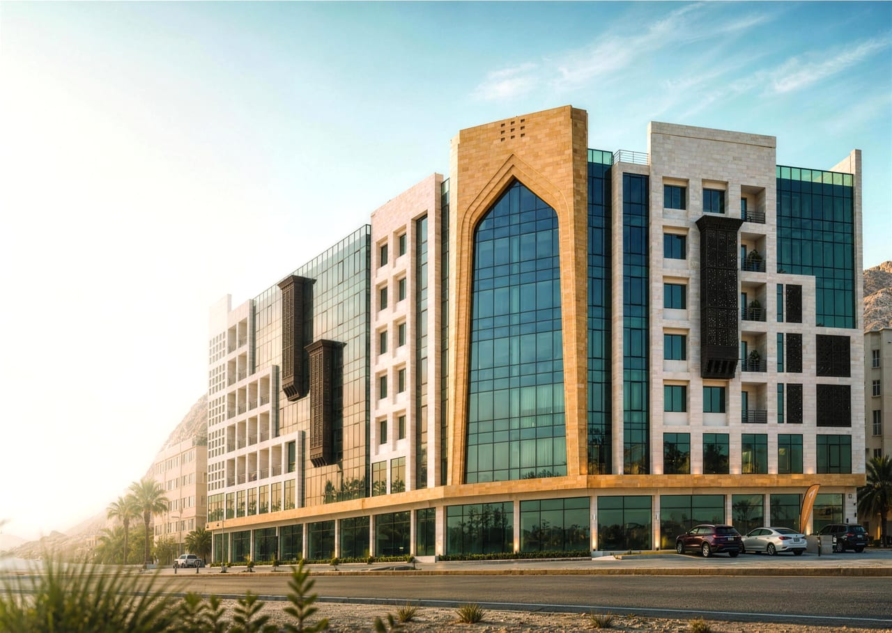 Al Rawdah Building in Bousher: stone and glass façade with a tall arched glass entrance, ground-floor shopfronts and parked cars