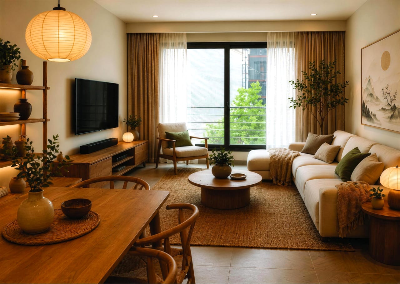 Living room with sofa, dining table and a large window