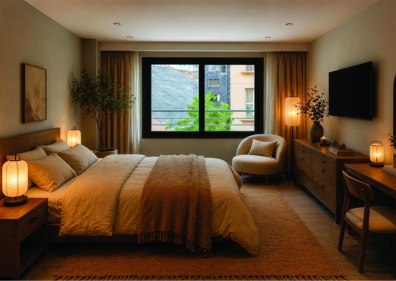 The one-bedroom apartment's bedroom