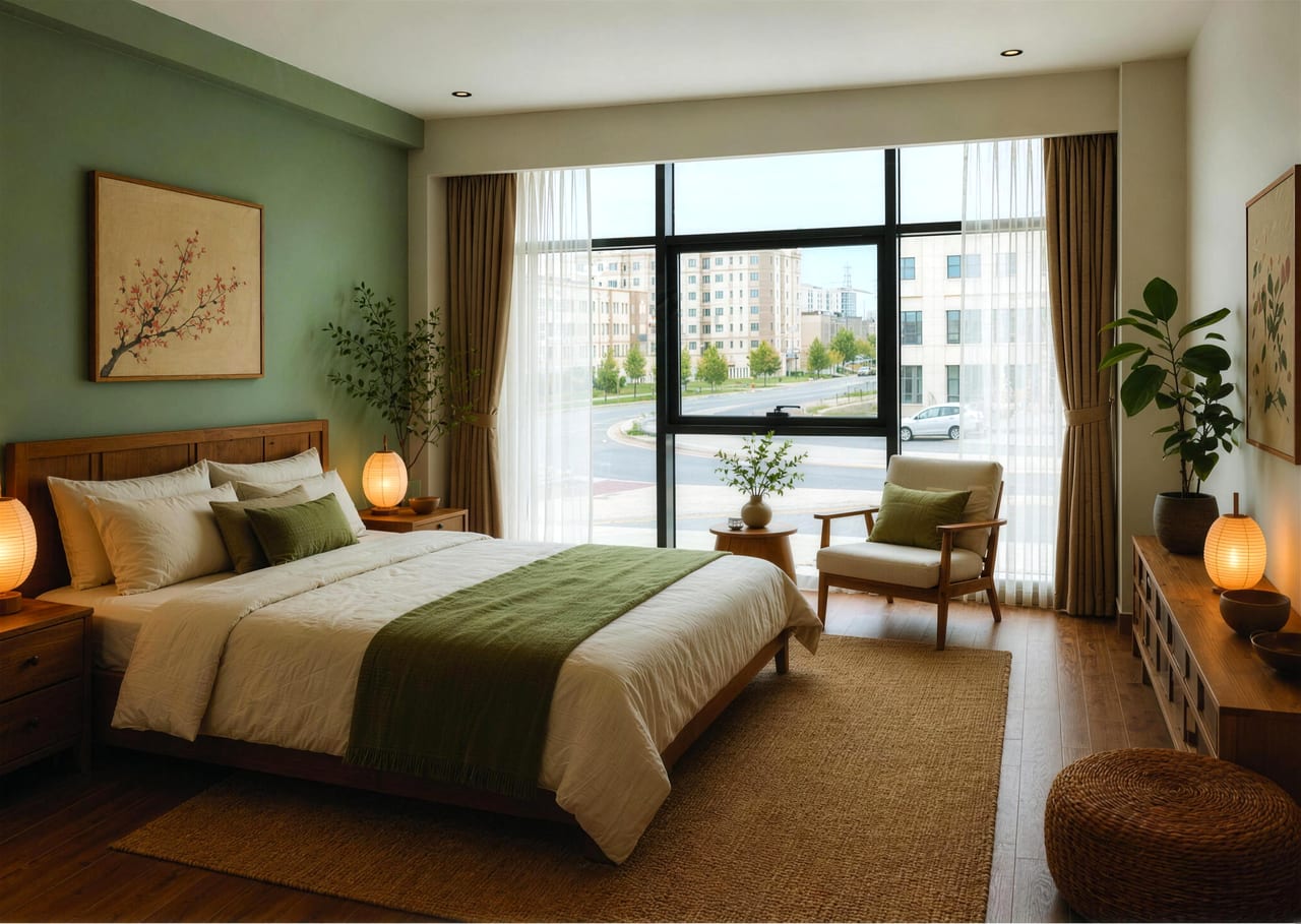 Two-bedroom apartment's bedroom with a street-facing window