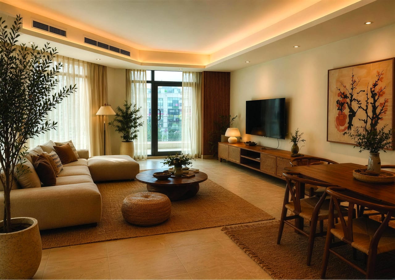 The three-bedroom apartment's living and dining area