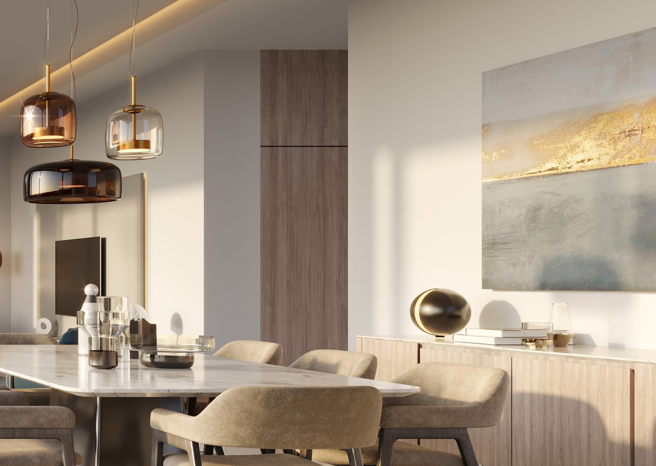 Open-plan kitchen and dining area with pendant lights