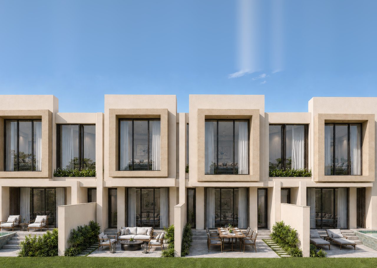 A row of two-storey villas with large windows, garden terraces and private plunge pools