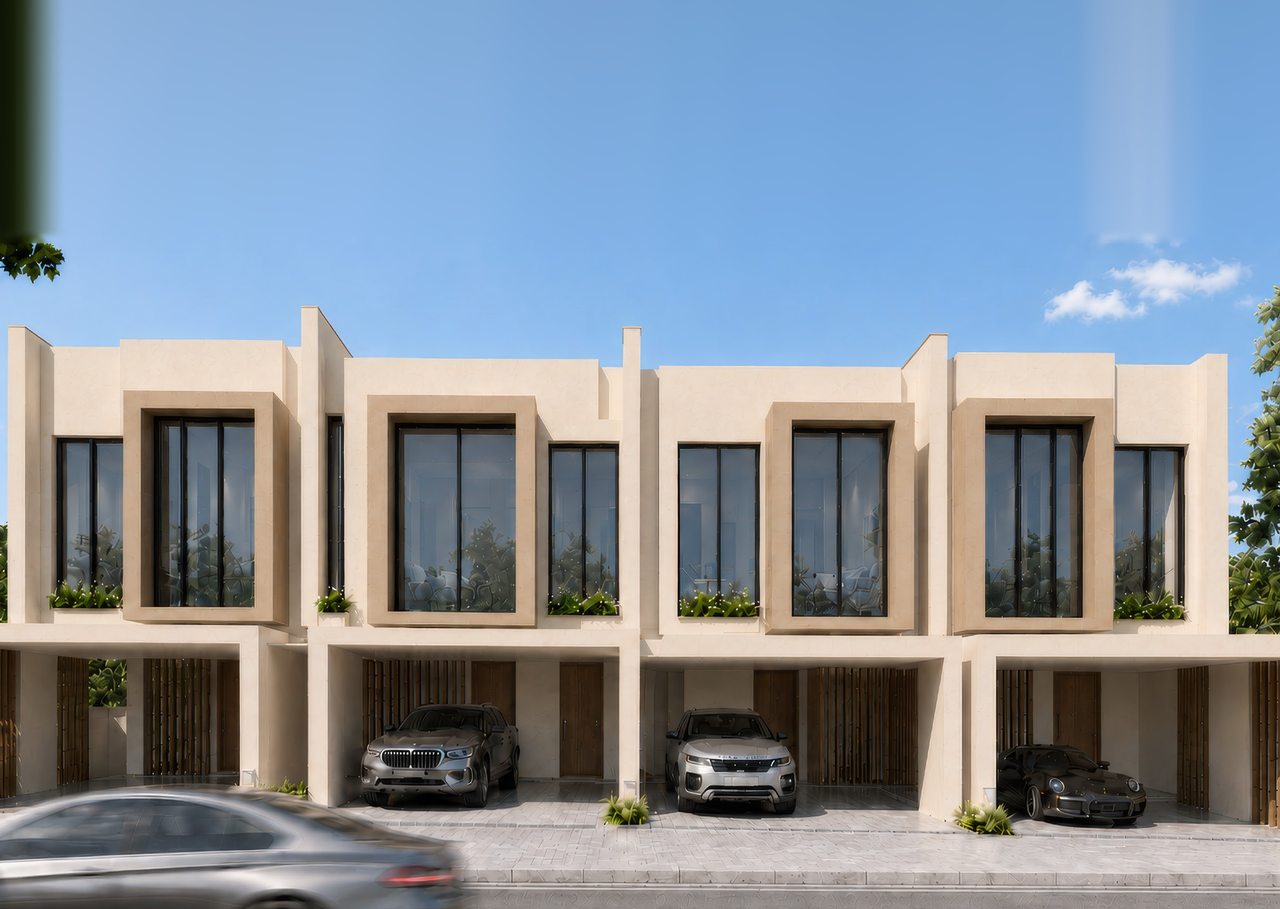 Street view of the villas with covered parking in front of each home