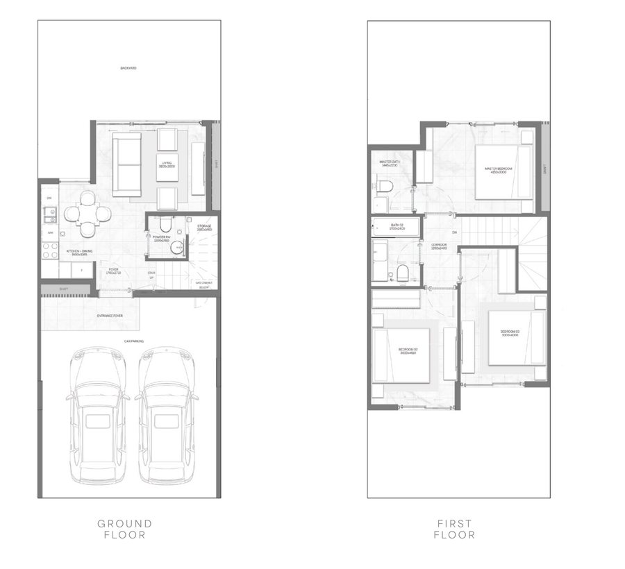 Ground and first floor plans of villa type B