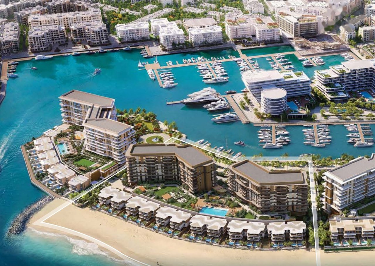 Aerial view of Al Mouj: the marina, the beach and Azura Beach Residences