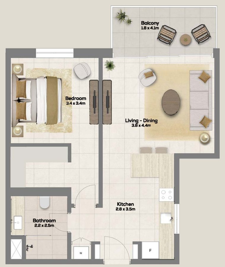 Floor plan of apartment type A1, 1 bedroom