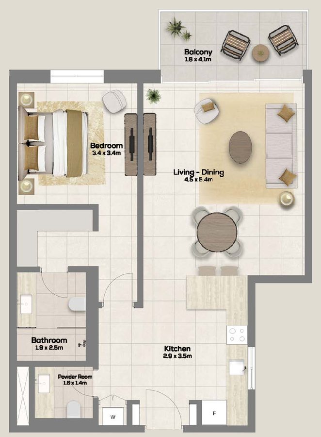 Floor plan of apartment type A2, 1 bedroom + powder room