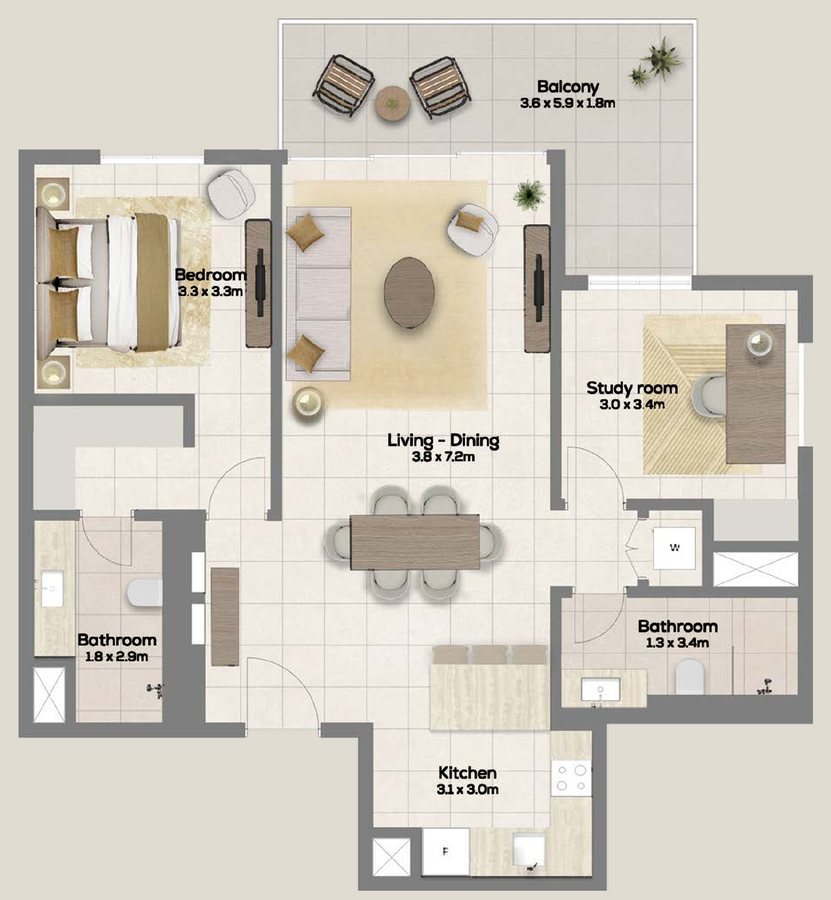 Floor plan of apartment type A3, 1 bedroom + study