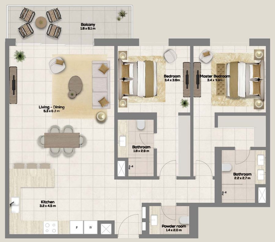 Floor plan of apartment type B5, 2 bedrooms