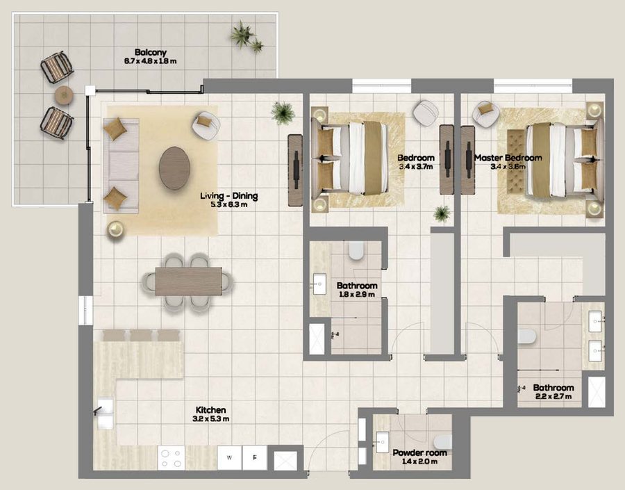 Floor plan of apartment type B6, 2 bedrooms