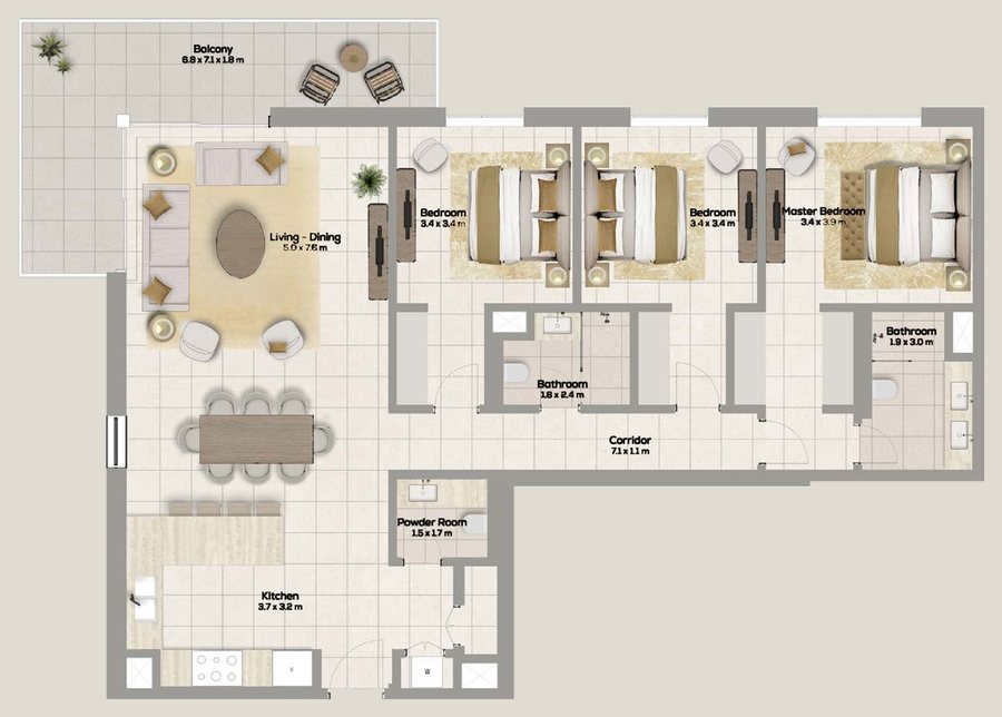 Floor plan of apartment type C1, 3 bedrooms